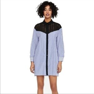 Zara Shirt Style Tunic Dress Stripes, Button Down, Eyelet Lace